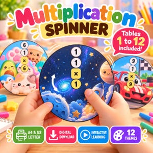 Op de afbeelding: Een ronde vermenigvuldigingsschijf met een ruimtethema met planeten, sterren en een raket. In het midden staat de vergelijking 1 x 1. Andere schijven tonen schattige figuren en een raceauto. Tekst: Multiplication Spinner en Tables 1 to 12 included.