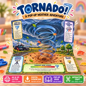 Könnte beinhalten: Ein Pop-up-Buch mit dem Titel Tornado! A Pop-Up Weather Adventure, das eine zentrale blaue rotierende Tornado-Illustration, ein Sturm-Forschungsfahrzeug und Informationstexte zur Entstehung und Windgeschwindigkeit von Tornados zeigt.
