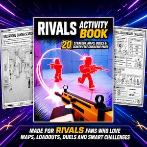 Livro de atividades imprimível de Rivais do Roblox, 20 páginas, mapas de estratégia de jogo, duelos e quebra-cabeças de lógica.