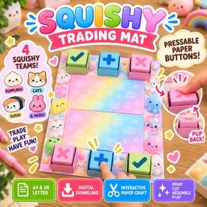 Peut inclure: Un tapis de jeu Squishy Trading Mat en papier avec un fond arc-en-ciel coloré et des icônes pastel. Le tapis comprend des boutons en papier interactifs pressables avec des coches, des signes plus et des croix pour échanger des jouets.