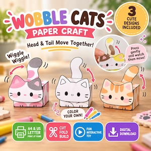 Puede incluir: Kit de manualidades de papel Wobble Cats con tres diseños de gatos con cabezas y colas móviles. Incluye una opción para colorear, formatos imprimibles A4 y US Letter, e instrucciones para cortar, doblar y construir. Descarga digital.