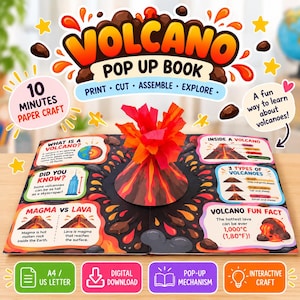 May include: A Volcano Pop Up Book paper craft kit featuring a central 3D volcano model with red and orange paper flames. The flat base includes educational text and diagrams about volcanoes, magma, and lava, with labels like What is a Volcano and 3 Types of Volcanoes. The design includes text stating 10 Minutes Paper Craft and A4 / US Letter.
