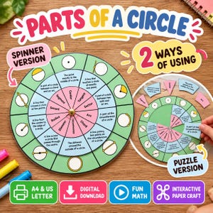 May include: An educational printable titled Parts of a Circle featuring a spinner version and a puzzle version. The circular chart displays geometric definitions including center, tangent, sector, arc, chord, circumference, diameter, radius, secant, and segment.