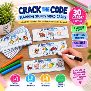 May include: Crack the Code Beginning Sounds Word Cards educational set featuring 30 cards across 3 levels. Includes rectangular cards with illustrations of animals and objects, blank spaces for writing letters, and markers for solving phonics puzzles.