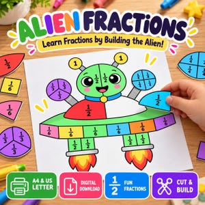 Puede incluir: Una hoja de actividades educativa titulada ALIEN FRACTIONS Learn Fractions by Building the Alien que muestra un alienígena de dibujos animados verde en un platillo volante. El diseño usa formas geométricas coloridas con fracciones 1/2, 1/3, 1/4 y 1/6.