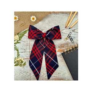 Navy and Red Plaid 37 Hair Bow: Extra Large long tail School Uniform Bow