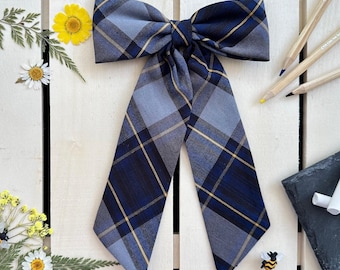 Extra Large long tail Hair Bow: Gray, Navy & Gold Plaid School Uniform accessory
