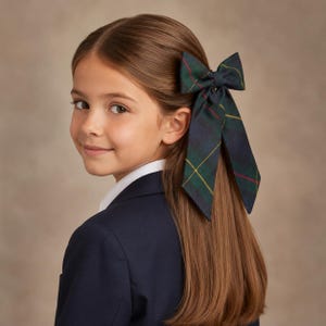 Extra Large long tail Hair Bow: Plaid 55 Navy, Hunter, Yellow, Red - School Uniform