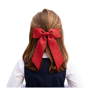 May include: A large, solid red hair bow with two long, pointed tails attached to the back of light brown hair. The bow is centered at the crown of the head, featuring a smooth, matte texture and a classic shape with a central knot detail.