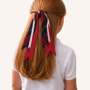 Könnte beinhalten: Ein Haaraccessoire mit mehreren Bändern, die zu einem Pferdeschwanz gebunden sind. Die Bänder bestehen aus einem marineblau-roten Karomuster, einem einfarbigen, strukturierten roten Band und einem dünnen weißen Band mit spitzen Enden.