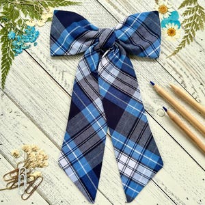 May include: A blue and white plaid bow with a large bow at the top and long tails. The bow is tied in a knot and the tails are hanging down.