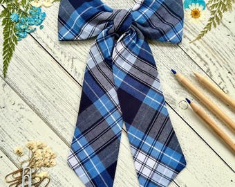 Extra Large Plaid 76n Hair Bow: Blue Navy & White School Uniform