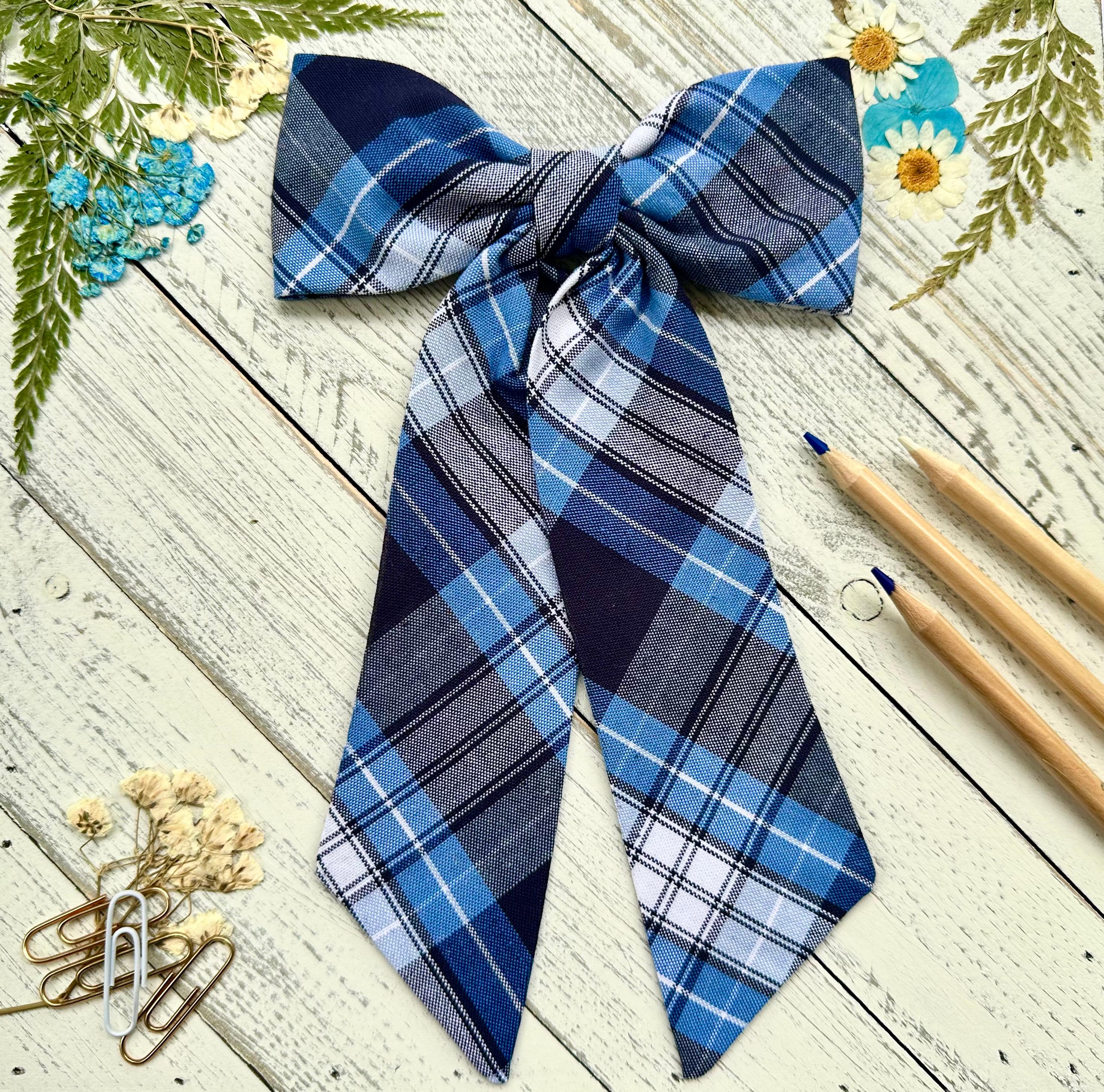 School Uniform Girls Hair Bow Extra Large Plaid French Barrette Gold Navy Red Jumbo Plaid Hair Bow, 5x8, Long Tail, French Barrette, Dark  main image 4