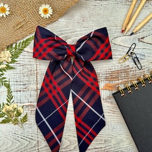Extra Large Plaid Hair Bow: Red and Navy School Uniform Barrettes