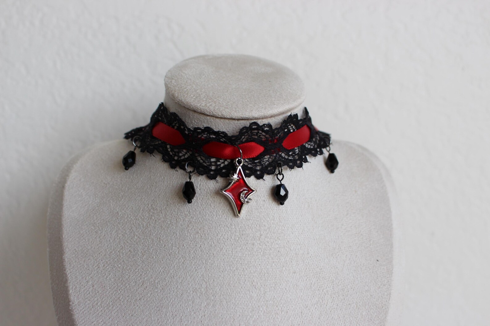 Black Goth Lace Choker With Red Ribbon & Charm - Etsy