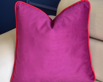 Magenta velvet pillow cover with candy red piping, Custom piping color