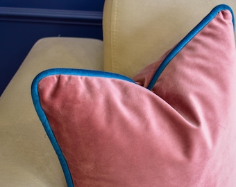 Dusty Rose Velvet Pillow Cover with Piping: Designer Cushion