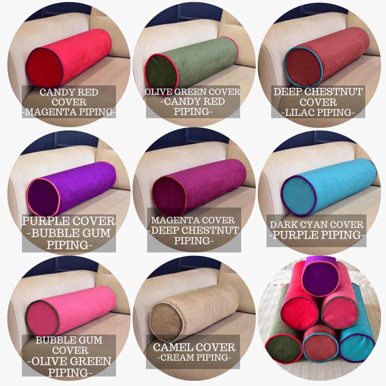 May include: A collection of cylindrical bolster pillows in various colors, including red, olive green, deep chestnut, purple, magenta, dark cyan, bubble gum pink, and camel. Each pillow features contrasting piping and the text "CANDY RED COVER - MAGENTA PIPING".