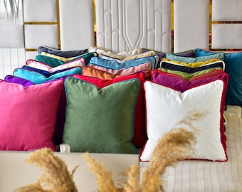 Piping Velvet Pillow Cover, Cleanable Throw Cushion for Sofa