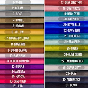 May include: A color chart displaying 31 fabric swatches in various shades. Colors range from white, cream, and beige to black, with options like baby pink, emerald green, and navy blue. Each color is labeled with a number and its corresponding name.