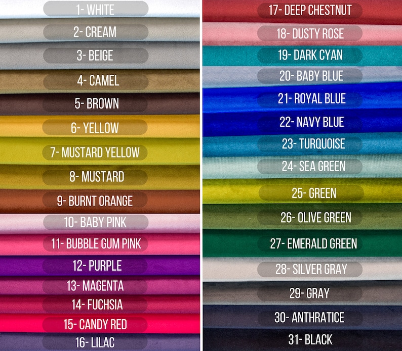 May include: A color chart displaying 31 fabric swatches in various shades. Colors range from white, cream, and beige to black, with options like baby pink, emerald green, and navy blue. Each color is labeled with a number and its corresponding name.