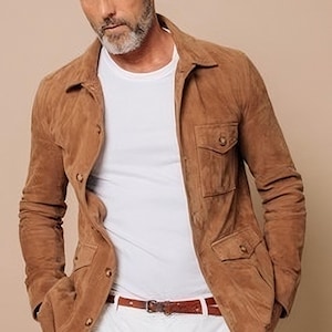Blouson homme en cuir souple marron véritable, Blouson motard camionneur en cuir véritable marron pour homme, Blouson moto en daim coupe slim