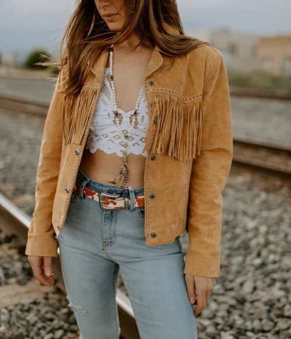 Womens Vintage Fringe Leather Jacket, Ladies Fringes Leather 