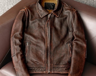 Men's Handmade Motorcycle Cowhide Real Leather Jacket Distressed Waxed Brown Jacket For Bikers