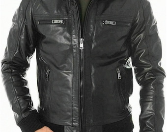 Chaqueta de piel de oveja negra hecha a mano: estilo biker bomber de corte entallado