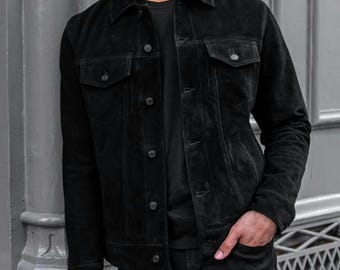 Men's Black Suede Leather Trucker Jacket: Western Denim Style