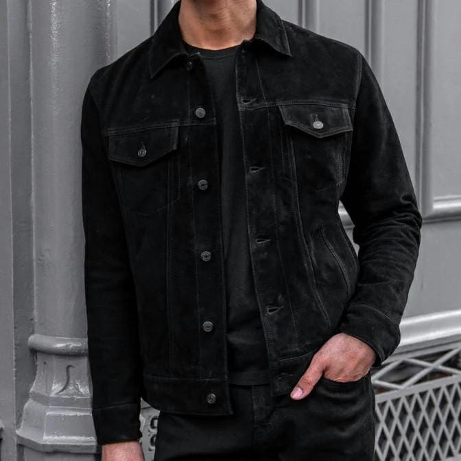 Men's Black Suede Leather Trucker Jacket: Western Denim Style - Etsy