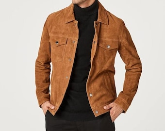 Men's Brown Suede Leather Trucker Jacket, Cowboy Western Shirt