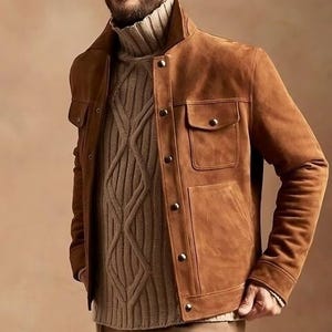 Blouson en cuir souple marron pour homme en daim véritable, Blouson en cuir souple marron pour homme, Blouson camionneur Cafe Racer,