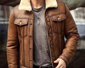 Men's Brown Leather B3 RAF Bomber Aviator Sheepskin Jacket