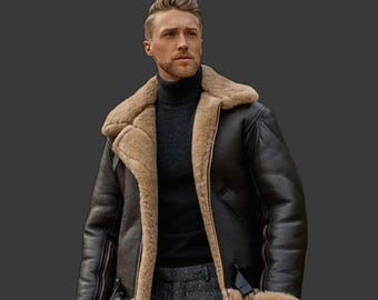 Men's Black Leather Aviator Bomber Jacket: Handmade Shearling Sheepskin Flight Coat