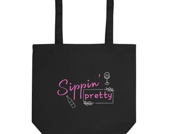 Sippin’ Pretty Wine Lover Tote Bag – Reusable Canvas Bag with Cute Design, Eco-Friendly Gift for Wine Enthusiasts, Black Tote