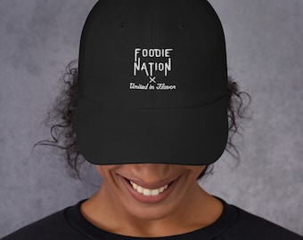 Foodie Nation "United in Flavor" Hat - Culinary Enthusiast Cap, Chef Gift, Food Lover Accessories, Adjustable Black Baseball Cap-Dad hat