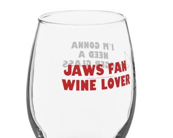 JAWS Fan Wine Lover Stemless Wine Glass | Funny Shark Movie Glassware Gift | Stemless Red or White Wine Glass for Horror Fans