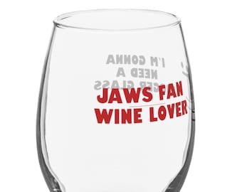 JAWS Fan Wine Lover Stemless Wine Glass | Funny Shark Movie Glassware Gift | Stemless Red or White Wine Glass for Horror Fans