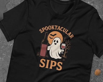 Maglietta Spooktacular Sips / Maglietta divertente per Halloween con vino per donna / Maglietta con bottiglia di vino fantasma / Maglietta per feste autunnali alcoliche / Regalo per gli amanti del vino