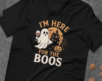 Maglietta "Sono qui per i Boos" / Maglietta divertente di Halloween con vino per donna / Maglietta con fantasma e vino / Idea per un outfit da festa per la stagione spettrale