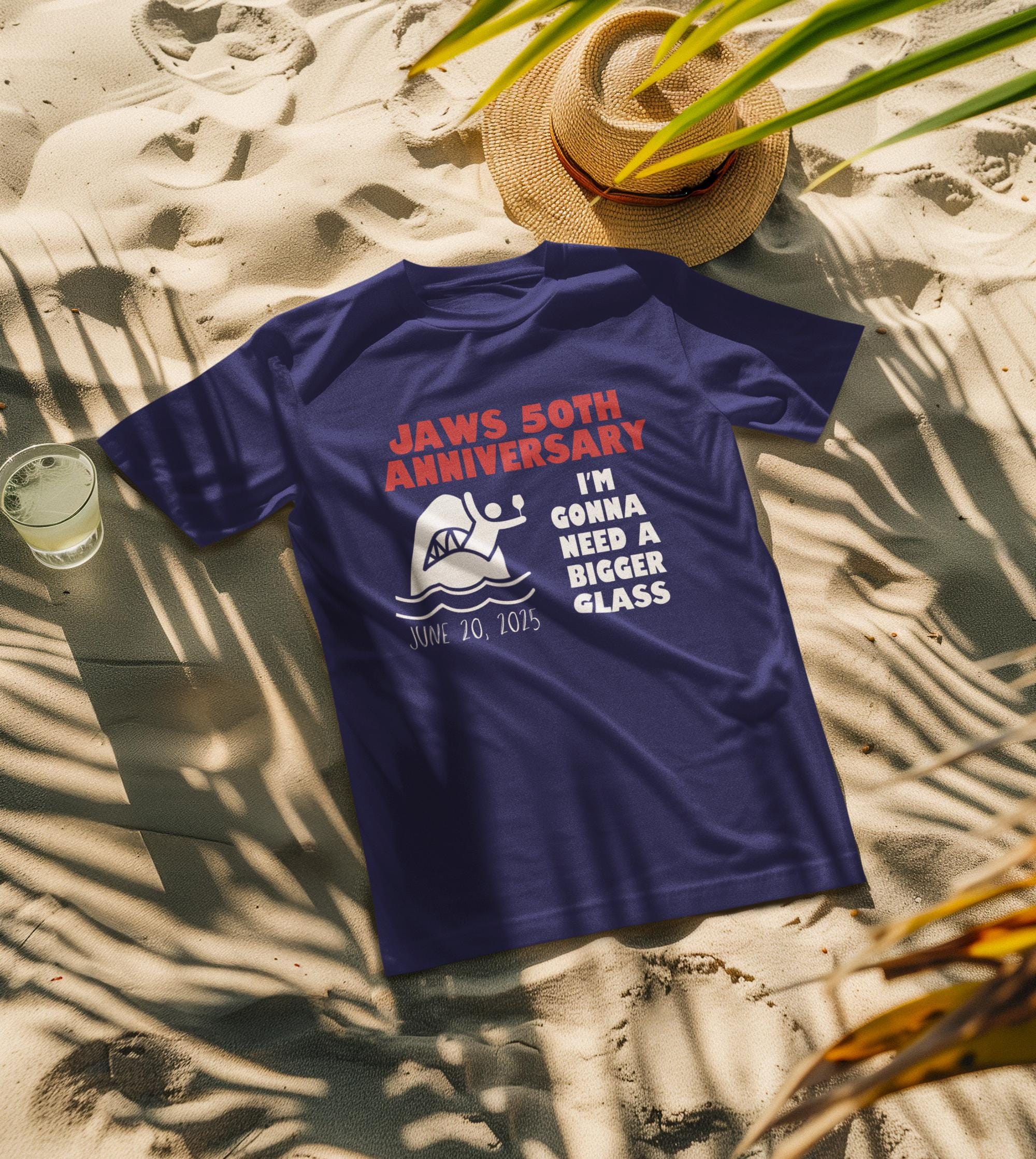 Jaws 50th Anniversary T-Shirt – Funny Shark Movie Shirt, I'm Gonna Need a Bigger Glass, June 20, 2025 Tee, Wine Lover Gift, Shark Week Tee