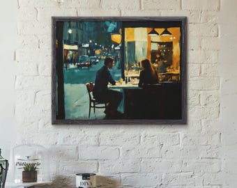 Dinner Scene Take Two – Romantic City Night Digital Art | Urban Cafe Wall Decor | Cinematic Couple Painting | Instant Download Print