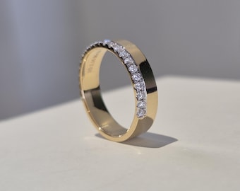 Pave Cigar Band, 14k Gold Cigar Diamond Band, 4 MM Thick Cigar Wedding Band, One Side Pave Wedding Band, Pave Set Women's Wedding Band Gold.