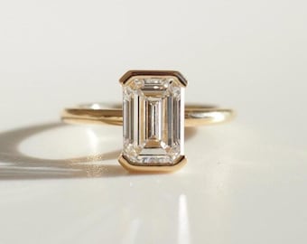 3.00 CT Half Bezel Set Emerald Cut Moissanite Engagement Ring, Elongated Emerald Diamond Ring, 14k Gold Low Profile Emerald Solitaire Ring.