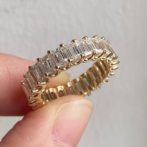 Baguette Cut Colorless Moissanite Wedding Band, Full Eternity Band, Yellow Gold Band, Stackable Band, Anniversary Gifts, Moissanite Band.