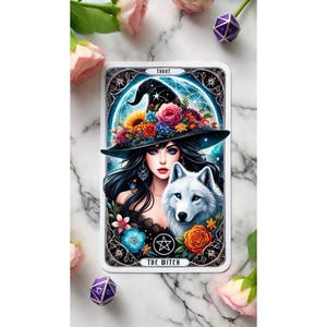 Witch Tarot Card Art Print, Mystical Witch Wolf and Floral Hat, Witchcraft Decor, Occult Illustration, Gothic Wall Art, Spiritual Home Decor