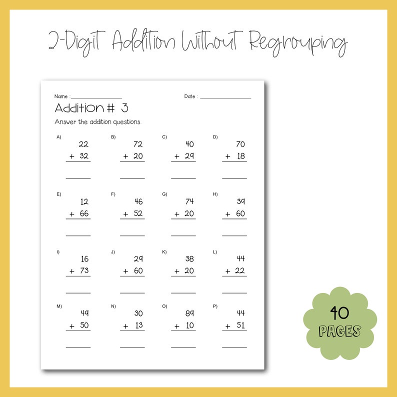 Two-digit Addition and Comparing Numbers Practice Worksheet (grades 1-3 ...