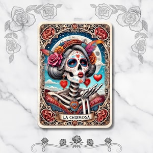 La Chismosa Tarot-Karte Kunstdruck Dia de los Muertos Sugar Skull Skeleton Illustration Bunte Mexikanische Volkskunst-Wanddekor