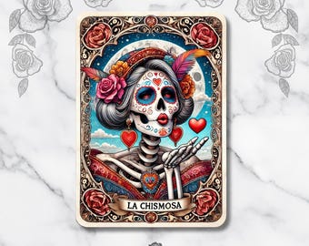 La Chismosa Tarot Card Art Print Día de los Muertos Sugar Skull Skeleton Illustration Colorful Mexican Folk Art Wall Decor